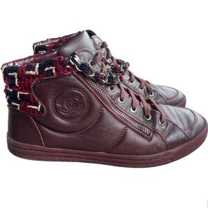 Chanel burgundy maroon tweed chain high tops